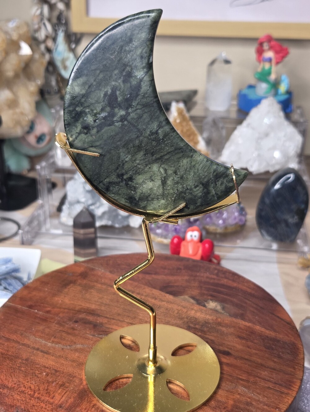 Green Jade Moon On  Gold Stand